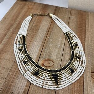 Beaded Bib Necklace • Black, White & Gold • Goldtone Metal Spring Clasp